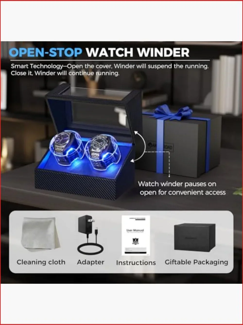 Double Watch Winder with Ultra-Silent Japanese Motor, 4 Modes